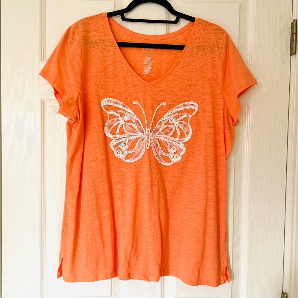 EUC St. John’s Bay Orange V-Neck Top | Decorative Sequin Butterfly